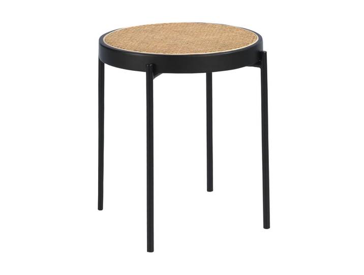 Angel Cerda Runder Beistelltisch Modell 2109, Rattan, schwarzes MDF und schwarzer Edelstahl, Schwarz, Metall, Nachbildung,Schima, Rundform,Rund,Rund, 52x52x52 cm, Wohnzimmer, Wohnzimmertische, Beistelltisch