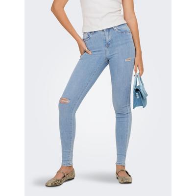 Skinny-fit-Jeans ONLY "ONLPOWER MW PUSH UP DES DNM", Damen, Gr. M (38), Länge 30, blau (light blau denim), Denim/Jeans, Obermaterial: 92% Baumwolle, 6% Polyester, 2% Elasthan, Destroyed-Effekte, unifarben, skinny fit lang, Jeans, Baumwollmischung,...
