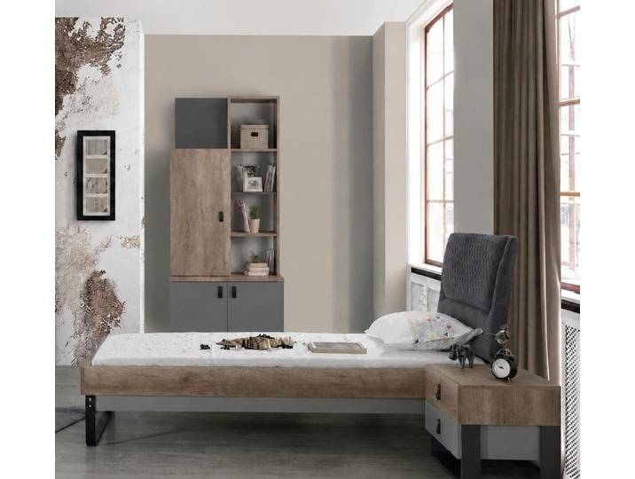 Xlmoebel Jugendzimmer-Set Bett Einzelbett Holzbett Polsterkopfteil Braun Grau Jugendbett Set, (3-tlg., 3-tlg)