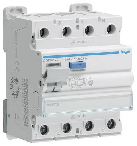 Hager CDF625D FI-Schutzschalter F 4polig 25A 0.03A 400V
