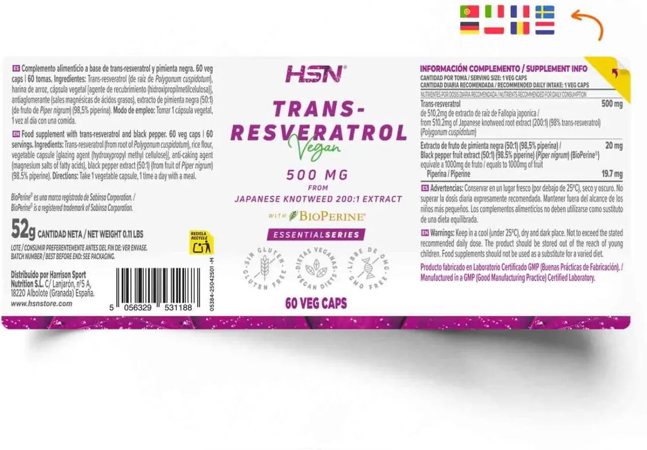 HSN Resveratrol 500mg + BioPerine® - 60 veg caps - Antioxidantes - Cápsulas Vegetales - 60  Servicios
