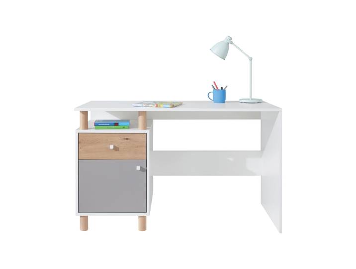 Beautysofa -Schreibtisch FIGO 125 cm, Moderner Computertisch mit 1 Tür und 1 Schublade, Bürotisch mit Stauraum, Arbeitstisch, Weiß/Eiche Artissan/Grau