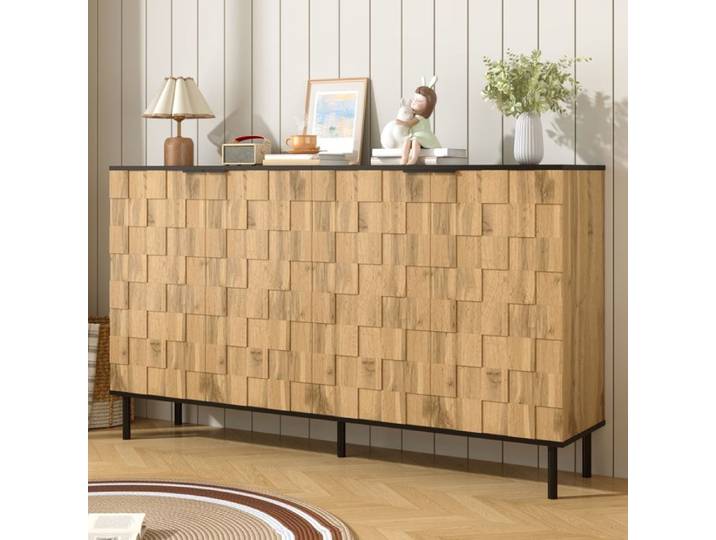 Buffet Bas - Design Mosaïque - 2 Portes - Bois et Métal - pour Salon et Entrée - 160 x 35 x 80 5 cm