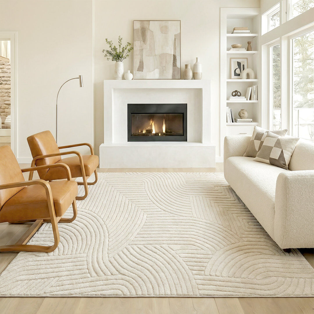 Rio Modern Geometric Rug, Thick Plush, Non-Slip, 160 x 120 cm, Cream Cream 200 x 140 cm