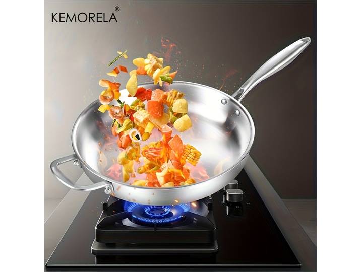 KEMORELA 316 Poêle à wok antiadhésive en acier inoxydable 30 cm avec poignée amovible - Poêle à frire et à chef compatible avec l'induction