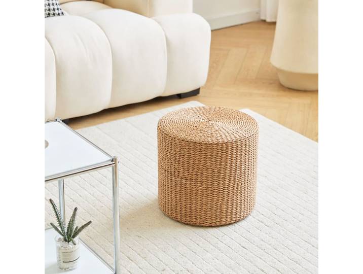 Pouf bout de canapé en jute naturelle avec rangement