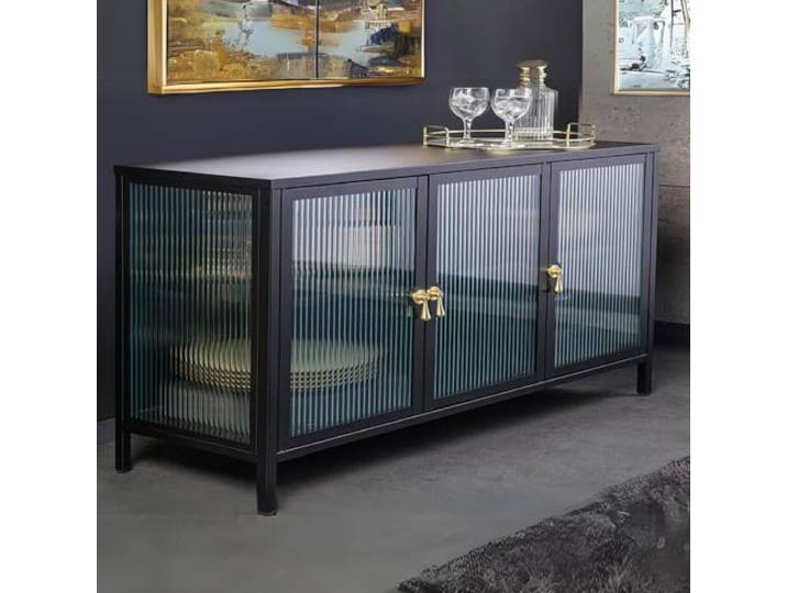 Modernes Vitrinen-Sideboard TRIADO 105cm schwarz Metall Riffelglas Kommode