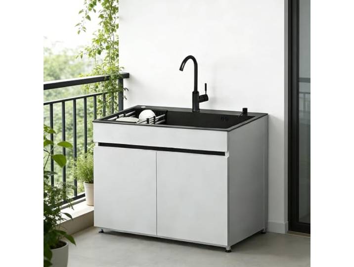 Edelstahl Spültisch mit Warm- und Kaltwasser Wasserhahn, Einzelbecken Freistehende Küchenspüle mit Vorratsschrank, Ablaufkorb, Ablassvorrichtung für Außen, Innen