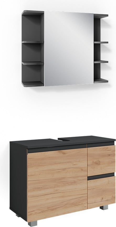 Vicco Badkamermeubel set J-Shape Antraciet/Goudkleurig Eiken 2-delig, Model 38200