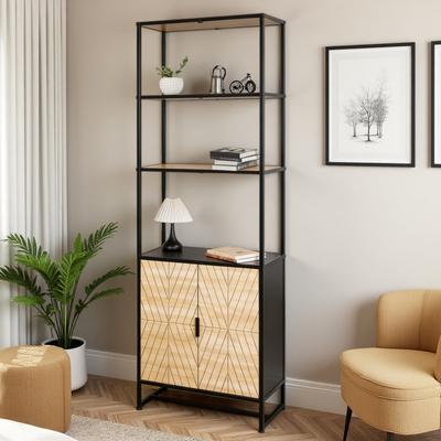 ZWYO HOSIMU "67in Metal+Wood 6-Tier Book Shelf with Storage Compartment, Display Rack with 12"" Shelf Spacing & Coastal Modern Design"