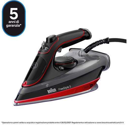 Braun TexStyle 5 - Ferro da stiro a vapore, Manico aperto ergonomico, FreeGlide3D, 2700W, 300ml, Rosso/Nero (SI5057RD)