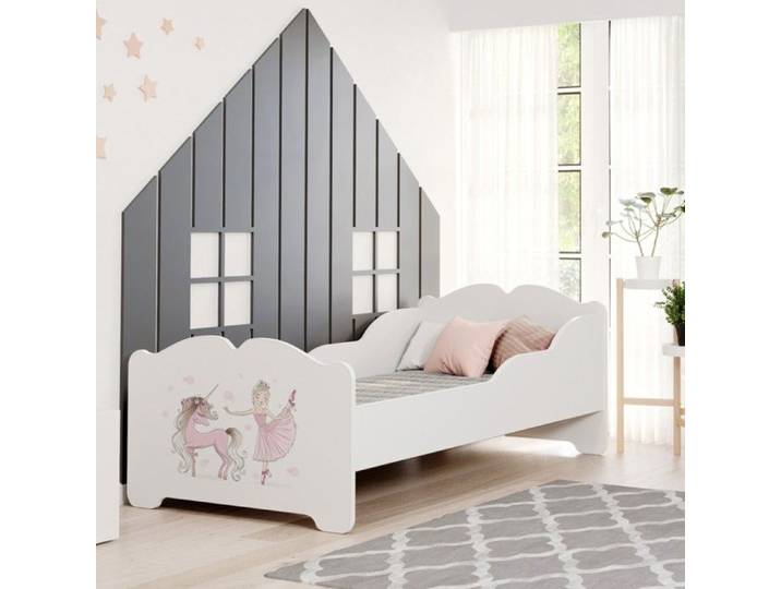 Lit enfant ANNA 140x70 blanc avec sommier matelas et motif fille avec licorne