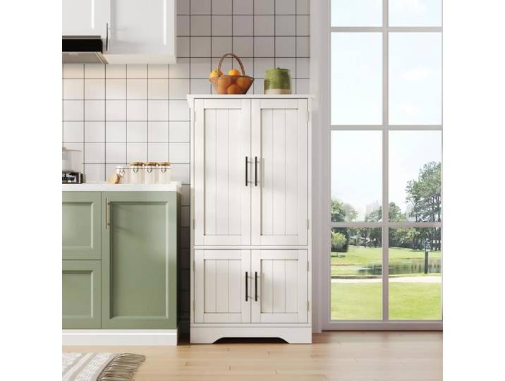 Buffet haut blanc à 4 portes avec éclairage LED à capteur et rangements