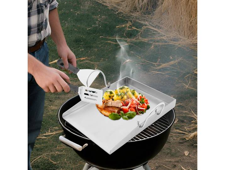 Plaque de gril rectangulaire, plaque de barbecue avec poignées amovibles, plaque de gril en acier inoxydable