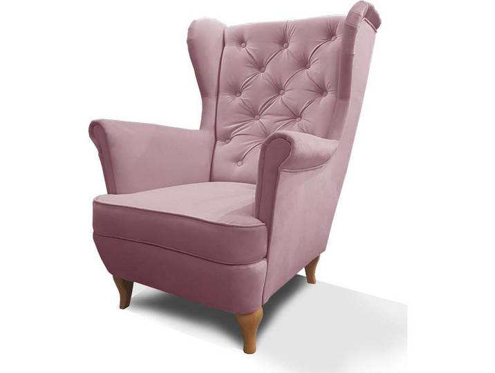 Beautysofa Chesterfield-Sessel Falco rosa mit Holzbeinen, Rosa, 82x102x92 cm, Wohnzimmer, Sessel, Chesterfield-Sessel