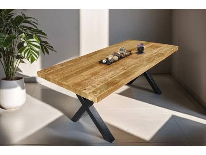 SAM Esstisch Libro 180x90 cm Mangoholz gerade Kante X-Gestell schwarz Esszimmertisch massiv, raue Oberfläche, Metallgestell
