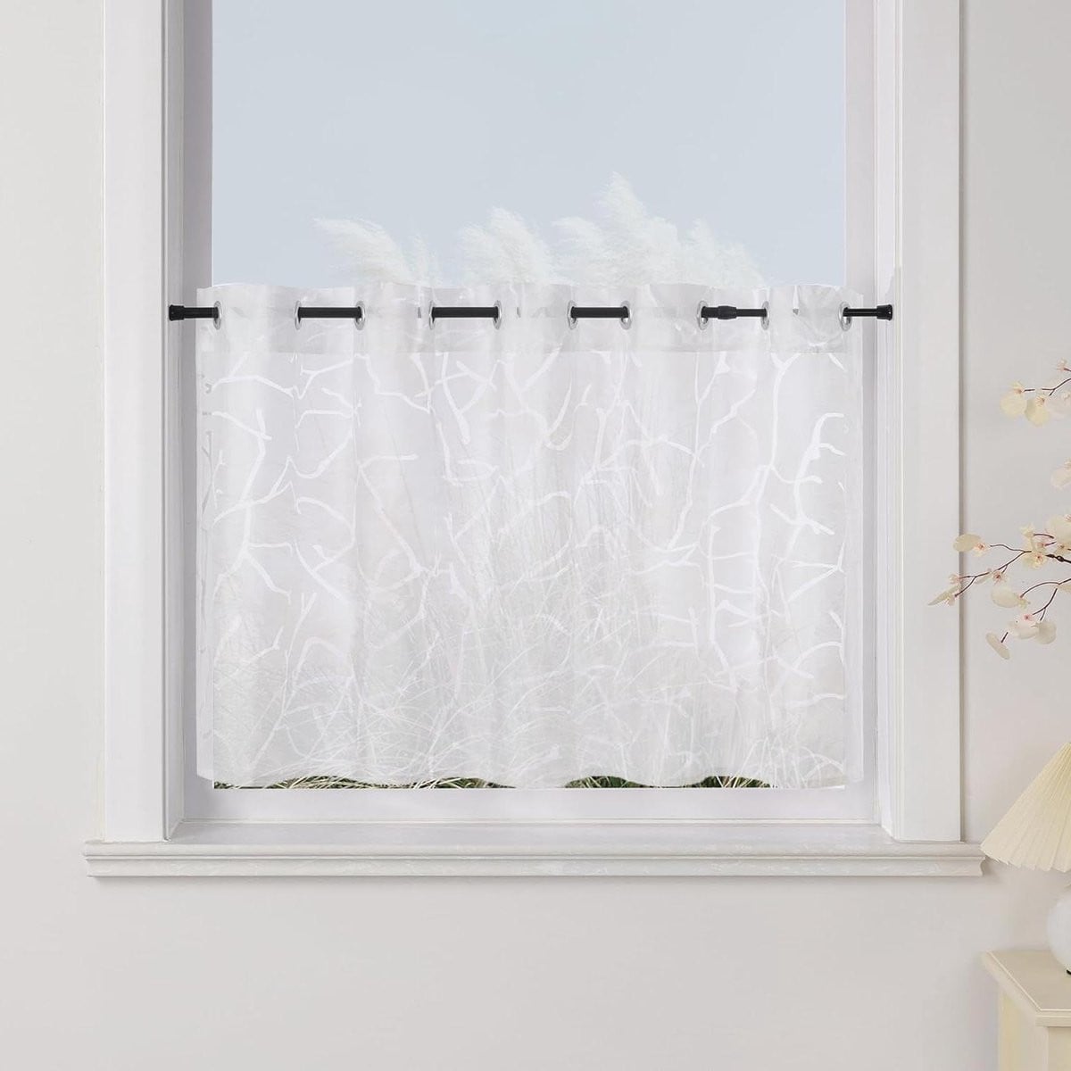 Wit Vitrage Gordijn met Onregelmatig Takkenpatroon voor Keuken Decoratie - 30 x 90 cm