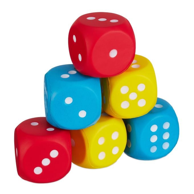 Relaxdays Foam Dobbelstenen Set van 6, Gekleurd, B/D/H: 7,5 x 7,5 x 7,5 cm