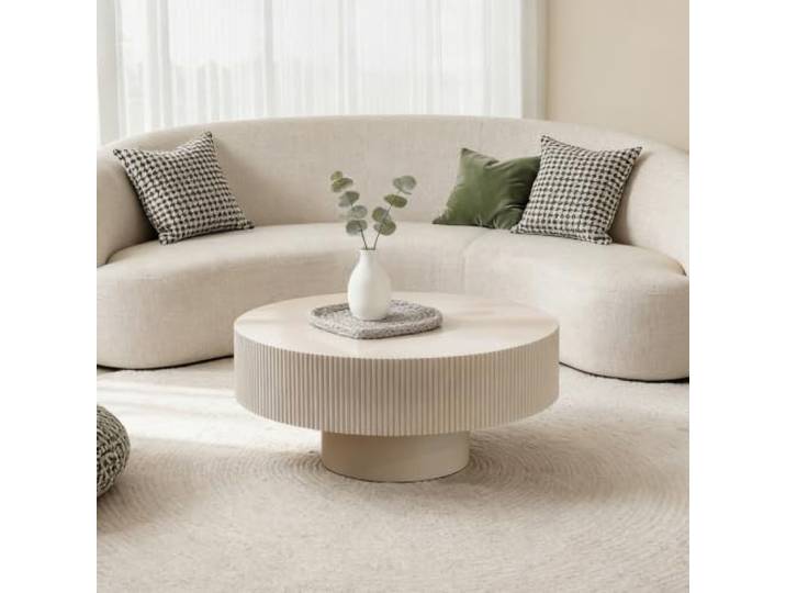 YYZIWYUN Runder geriffelter Couchtisch Moderner trommelförmiger Beistelltisch Handgefertigte, runde Teetische mit Furnierrelief Für Wohnzimmer und Empfangsraum, einfache Montage,White Thick