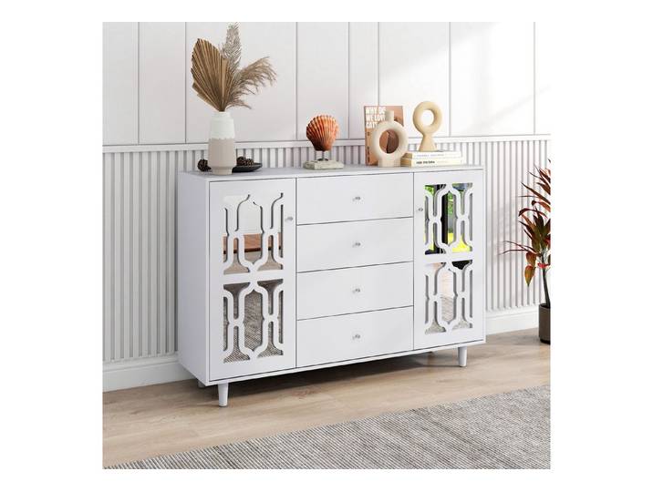 STILVORA Sideboard mit Schubladen,verspiegelte Beistellschrank Aufbewahrungsschrank (Weiß), verspiegelte Anrichte mit kühlen Kristallgriffen,für wohnzimmer
