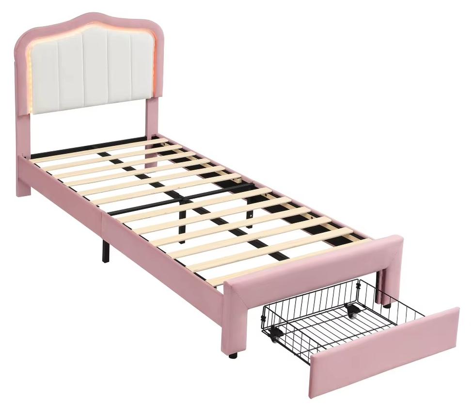 Gepolstertes Kinderbett - Einzelbett - 90 x 200 cm - Samtbezug - Weißes gepolstertes Kopfteil - Unterbett-Schublade - Rosa