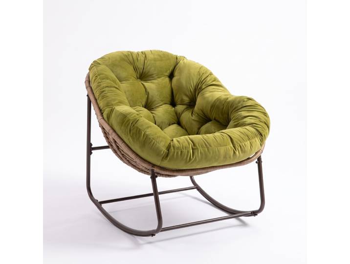 Fauteuil à bascule en rotin extérieur, avec coussin rembourré, olive