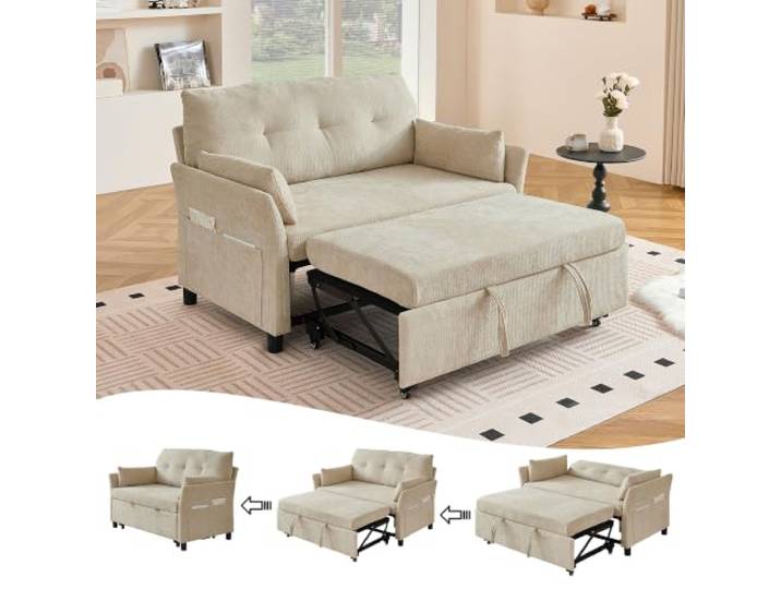 Scisola Schlafsofa 2-Sitzer mit Schlaffunktion, 3-in-1 Klappsofa, 110*72cm Ausziehbares Schlafsofa 5-fach verstellbare Rückenlehne, Schnelle Montage, Klappsofa für Wohnzimmer/Wohnung, Beige