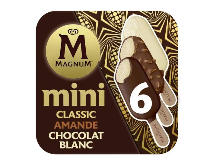 Magnum Bâtonnets glacés Mini Classique, Amande et chocolat blanc x6 254 g