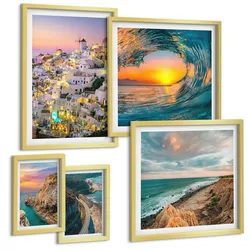 BILDER SET 5er Set - 50x50 cm & 20x30 cm & 40x60 cm Goldrahmen - Meereswellen, weiße Häuser, Santorini