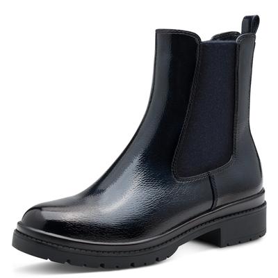 Chelseaboots TAMARIS, Damen, Gr. 38, navy, lack, Lacksynthetik, unifarben, Schuhe Chelseaboots, Blockabsatz, Basic, Stiefelette in veganer Verarbeitung