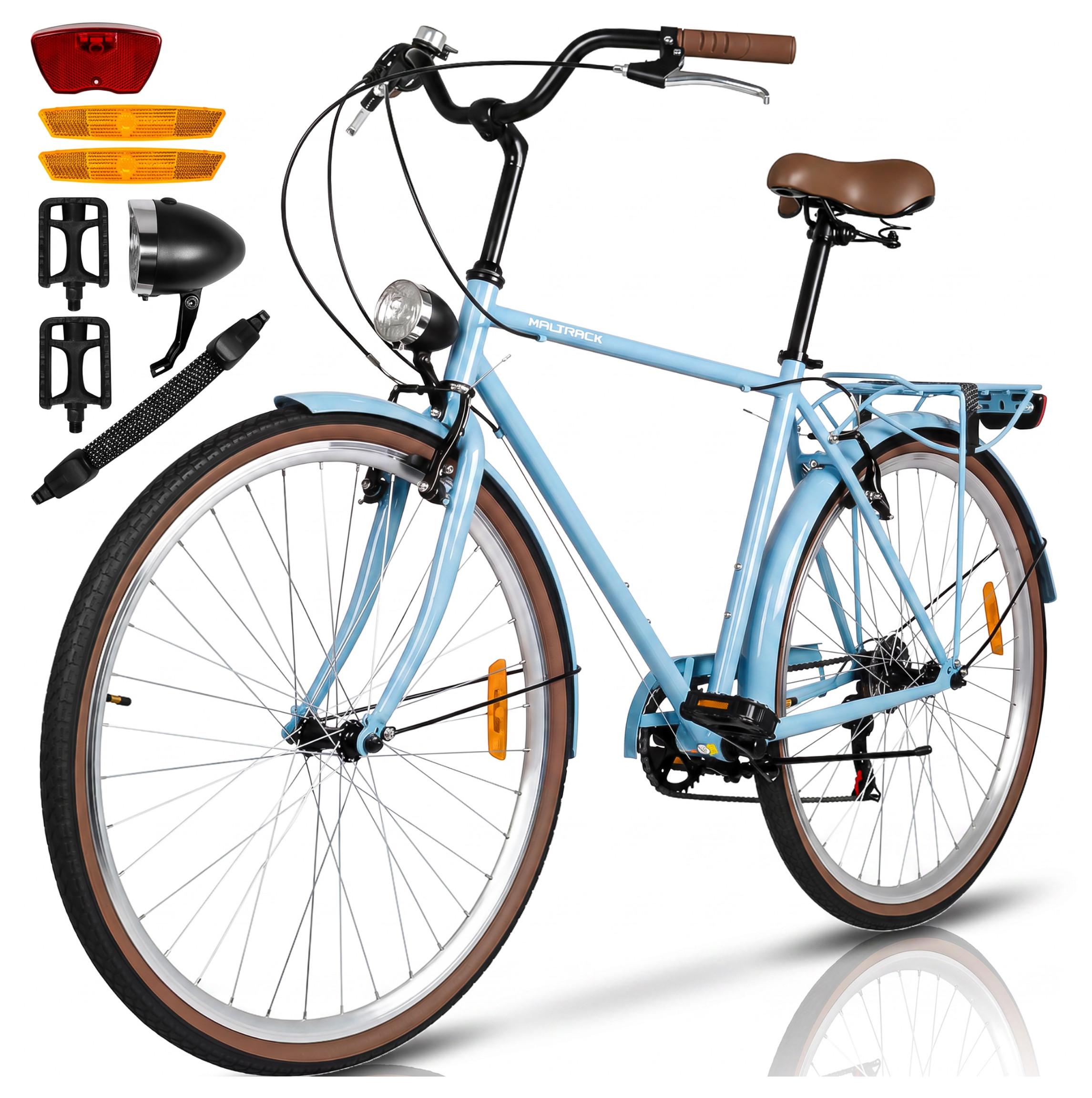 MalTrack Herren City Bike 28 Zoll Fahrrad mit 6 Gang Shimano 50 cm Rahmen Gepäckträger LED-Leuchten Blau Schutzblechen