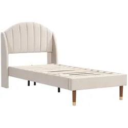 Merax Polsterbett 90x200 Ohrform Einzelbett aus Samt mit Kopfteil & Lattenrost Beige