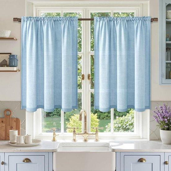 WAN Linnenlook Vitrage voor Keuken Decoratie - Half Transparant - Blauw - 2x 60 x 90 cm