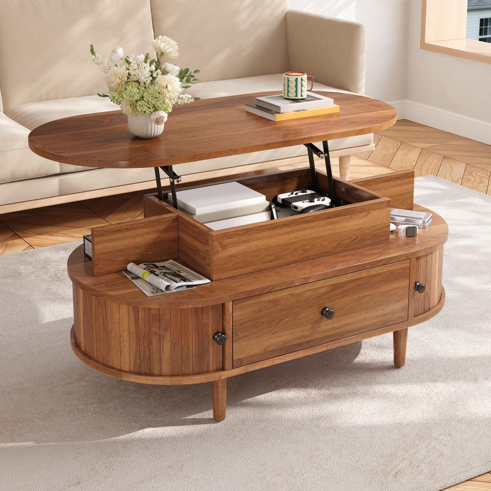 Okwish ovale salontafel met hydraulisch verstelbare plaat en verborgen opbergruimte, notenhout