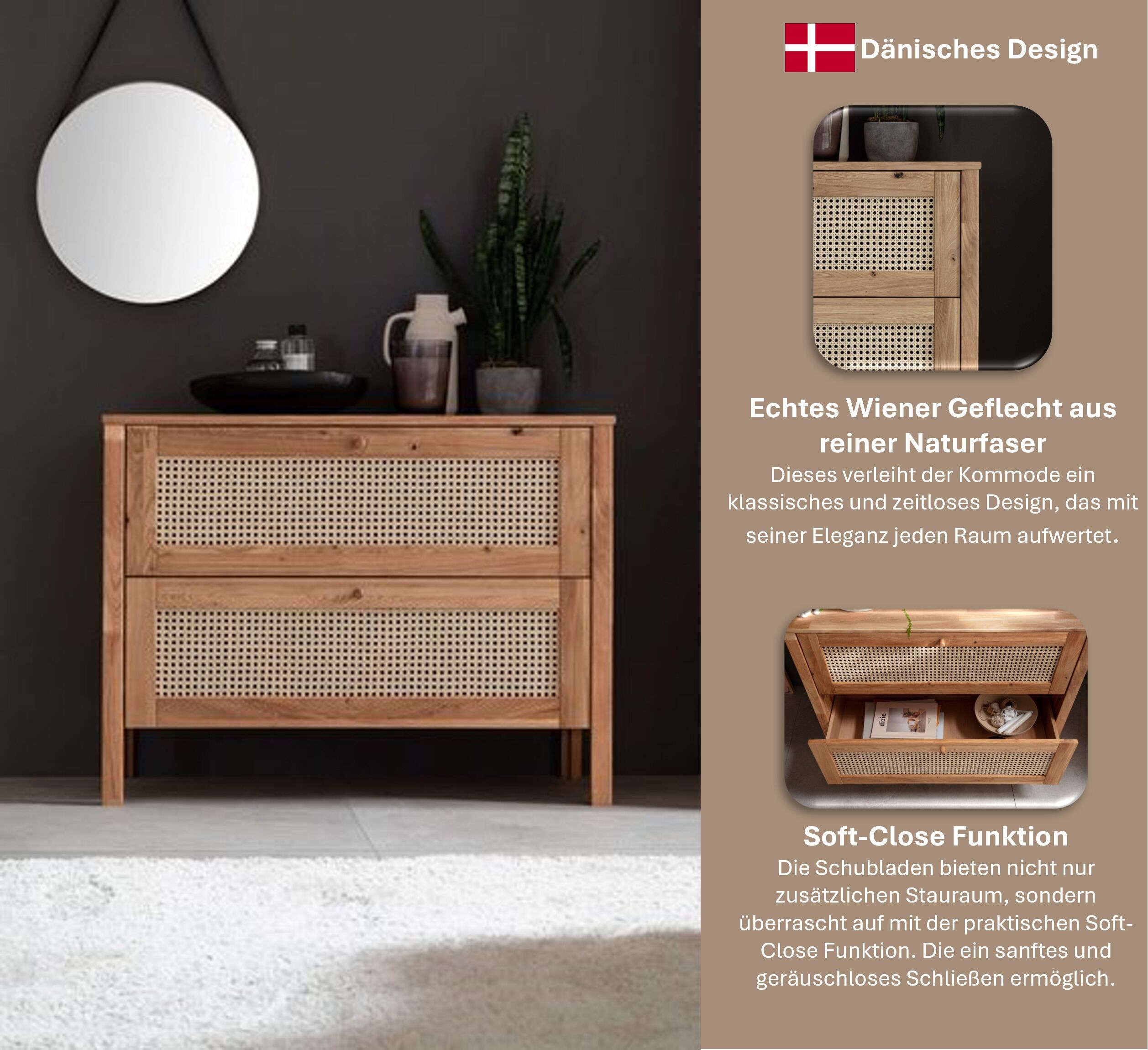 Schubkastenkommode GOODPRODUCT "Hällevik, Kommode, Aufbewahrung, mit 2 geräumige Schubladen, Scandi", braun (eiche natur), B:100cm H:76cm T:46cm, FSC-zertifiziertes Massivholz, Sideboards, Schubkastenkommode, Schubladenfronten mit Wiener Geflecht, massive