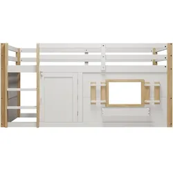 MODFU Hochbett Massivholz/MDF Weiß 90x200 cm, mit Lattenrost, Leiter und flexibel nutzbarer unterer Ebene