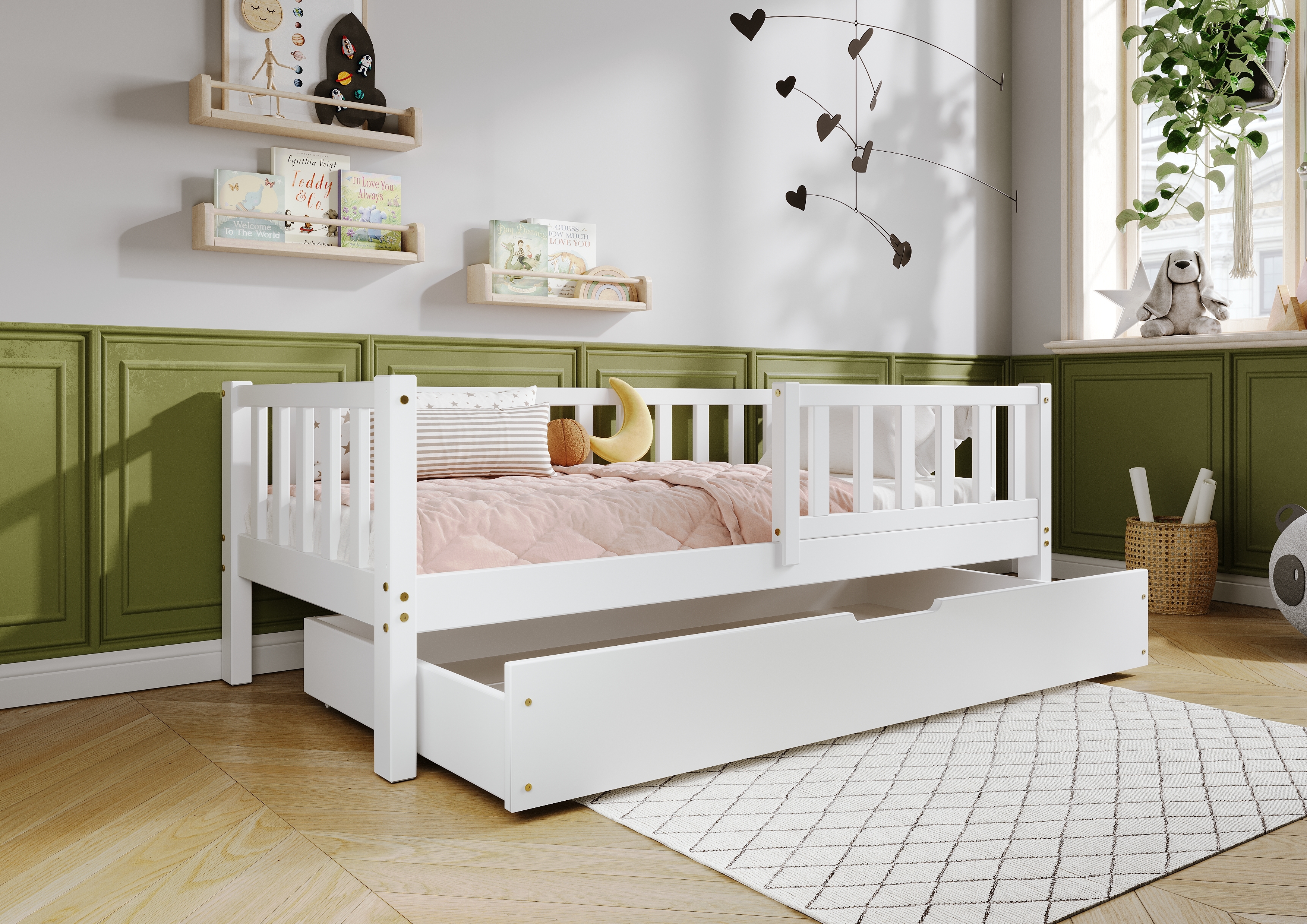 TIMBEE LENA Box Kinderbett Holz Bett mit Schublade - Weiß - 80x160cm