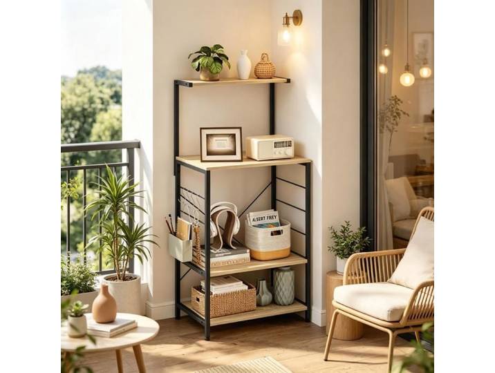 ROVRYN Étagère micro-ondes 4 niveaux 60 x 40 x 123 cm acier et bois d'ingénierie noir chêne clair