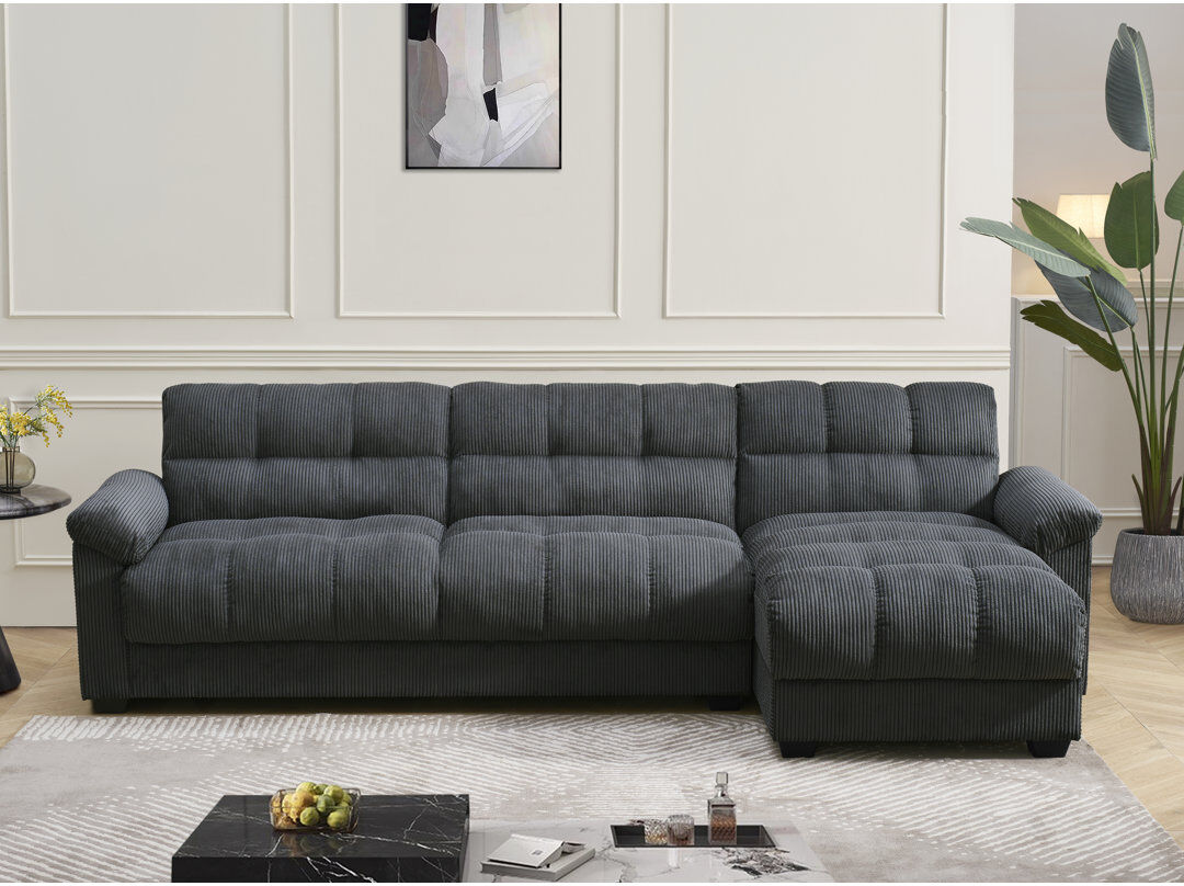 Latitude Run® Bosman Corner Sleeper Sofa with Storage Grey Corduroy 91cm H X 303cm W X 157cm D