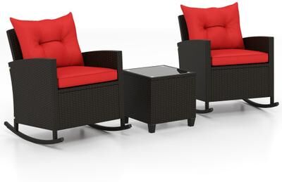 Costway 3-Piece Patio Rattan Roker Chairs with Tempered Glass Table and Soft Cushions-Red