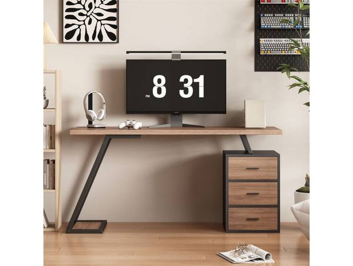 Petit Bureau d'Ordinateur 138.5 cm avec 3 Tiroirs Bureau Informatique Bois Foncé avec Rangement pour Chambre Poste de Travail