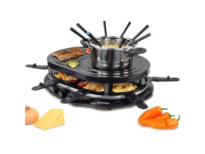 Syntrox Germany Raclette-Grill Locarno mit Fondue & Heißem Stein, 4-in-1 Raclette Set, Gesellige Abende, Kulinarische Vielfalt, Antihaftbeschichtung, Leichte Reinigung