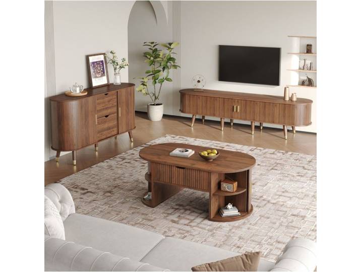 MEUBLIV Ensemble de salon 3 pièces noyer meuble TV table basse relevable et buffet à portes coulissantes