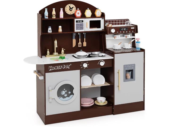 Cuisine pour enfants avec 27 accessoires, cuisine en bois avec horloge, micro-ondes, évier, glace et café, cuisine pour enfants