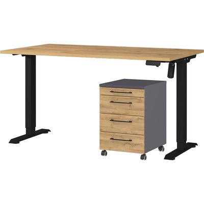 Büromöbel-Set GERMANIA "Profi 3.0", schwarz (grandson, eiche, nachbildung, schwarz), Schreibtisch 140cm breit Holzwerkstoff Metall, Holzwerkstoff, Metall, Arbeitsmöbel-Sets, Büromöbel-Set, Büromöbel-Set bestehend aus Schreibtisch und Rollcontainer