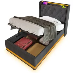 OKWISH Einzelbett 90x200 cm mit LED-Beleuchtung, USB & Typ-C, pflegeleichter PU-Bezug, inkl. Lattenrost – ohne Matratze