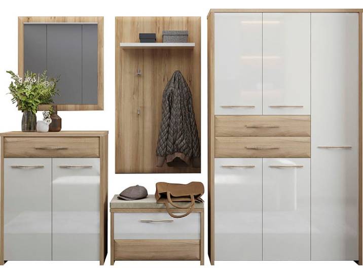 Garderoben-Set OTTO HOME Gala , beige (beige hg, pacific walnuss decor), B:262cm H:192cm T:36cm, Holzwerkstoff, MDF, Kastenmöbel-Sets, Garderoben-Set, Soft-Close Funktion, Hochglanz UV lackiert