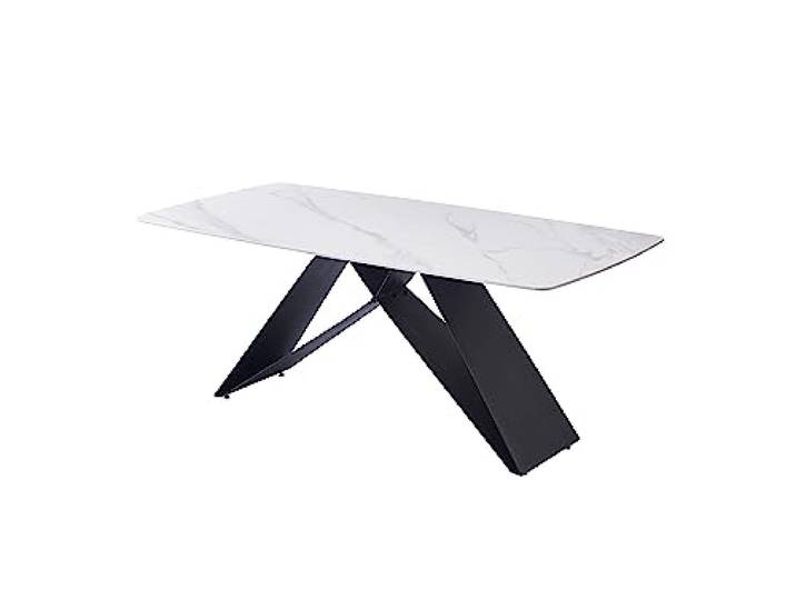 Casa Vital Fixed Dining Table Lamana Marble Colour - Ceramic, modern Design, Curved Edge, Black Metal Pillar Legs (160x90)