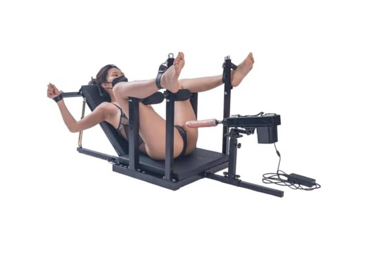 SM Beinspalter Stuhl mit Handschellen, Fußfesseln, und Sexmaschine – Bondage Set für BDSM Rollenspiele, Verstellbares Foltergerät mit Spreizstange, Extreme Fesseln und Sexspielzeug für Paare