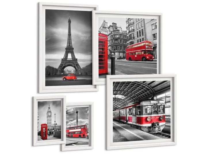 BILDER SET 5er Set - 50x50 cm & 20x30 cm & 40x60 cm Weißer Rahmen - Rote Busse in der Stadt